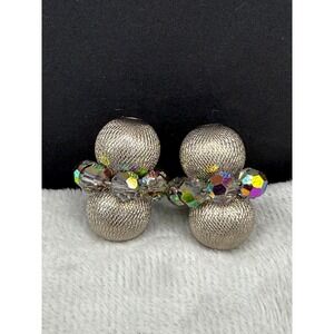 Vintage Silver Tone Clip‎ On Earrings AB Mesh Ball